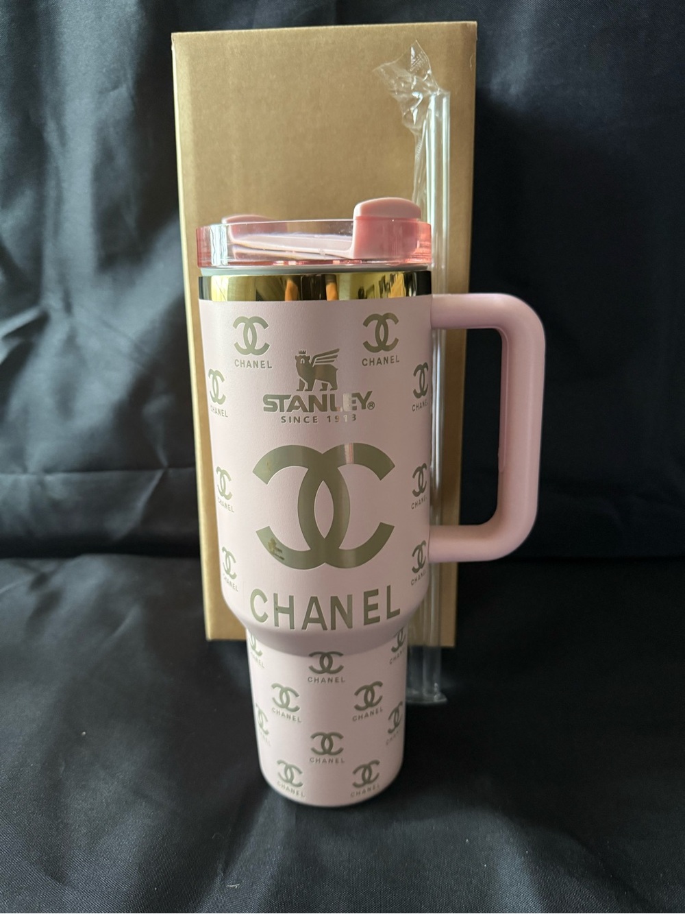 New Stanley 40oz Laser ChanEngravedeL Pink Travel Tumbler with Gold Logo